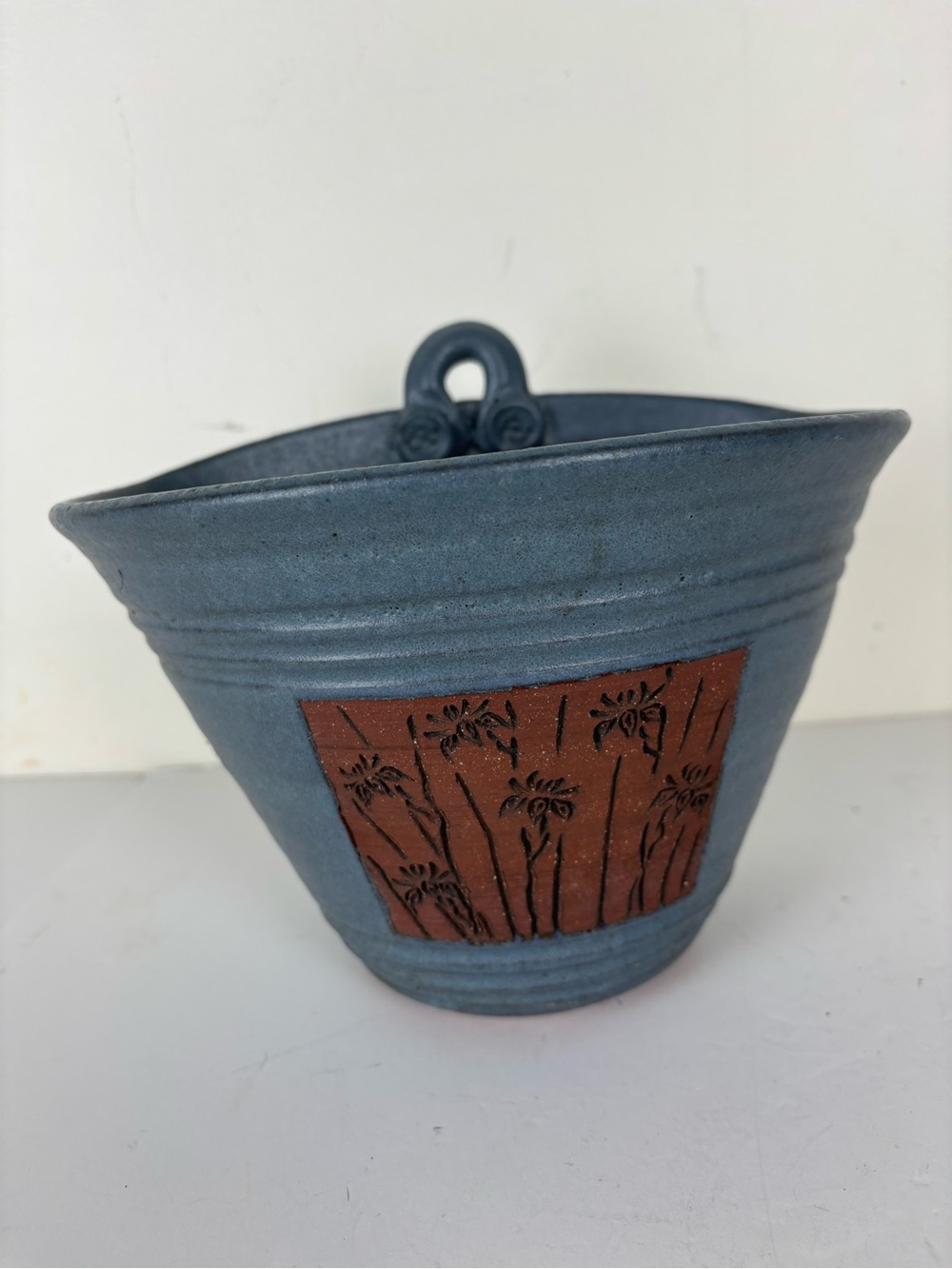 Blue Ceramic Hanging Wall Pocket with Terracotta Floral Panel-Artist-Pat Meyers